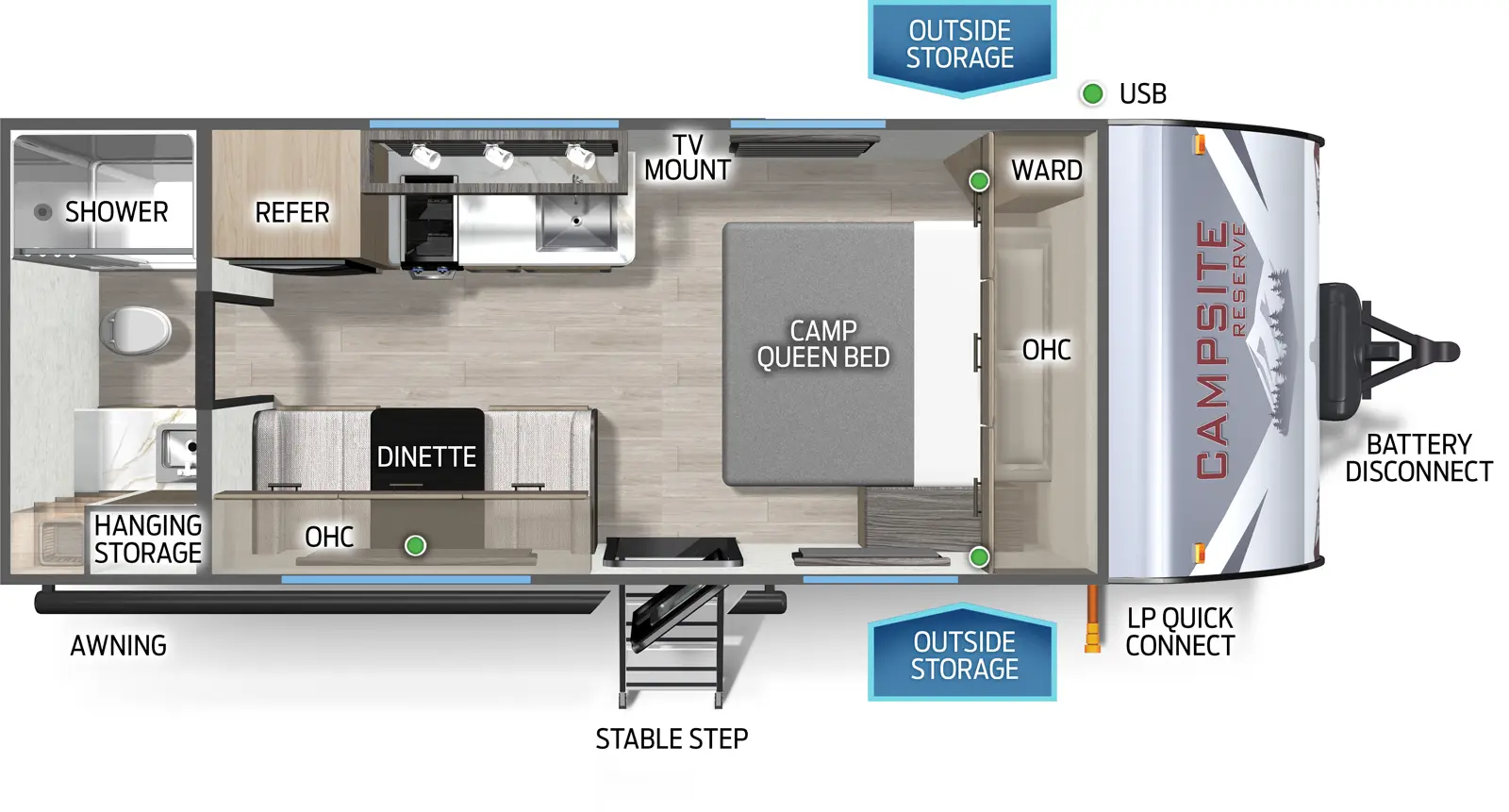 The Campsite Reserve 16BC floorplan has one entry and zero slide outs. Exterior features include: metal exterior. Interiors features include: front bedroom and rear bathroom.